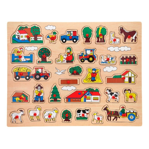 Knoppuslespil m/ 32 brikker i træ - Bondegård