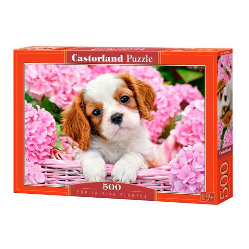Puslespil 500 brikker - Hundehvalp i blomster