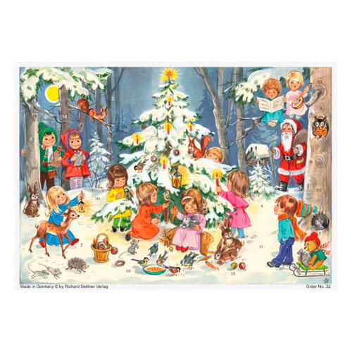 Julekalender A4 - Juletræ m/ børn og dyr