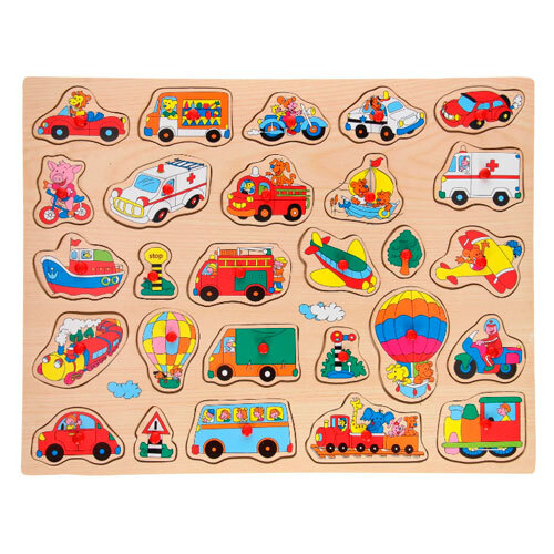 Puslespil m/ 27 brikker i træ - Køretøjer