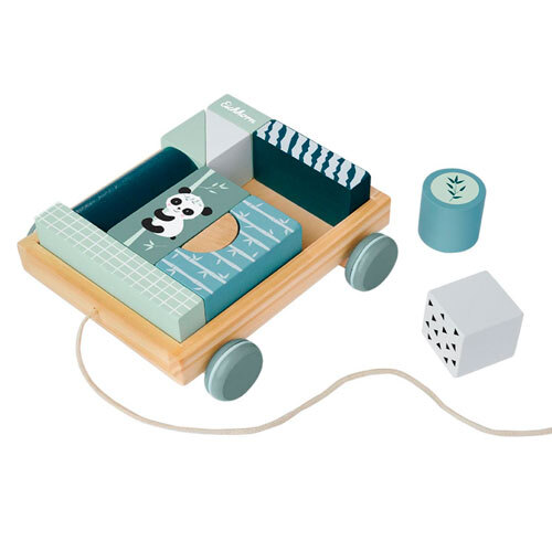 Trækvogn m/ byggeklodser - 12 dele | Panda