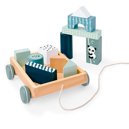 Trækvogn i træ med byggeklodser - Panda