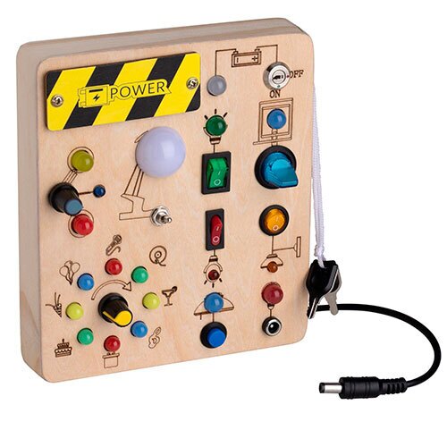 Træ aktivitetstavle med knapper og lys
