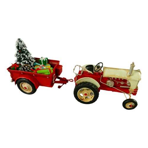 Julepynt traktor med vogn - Rød