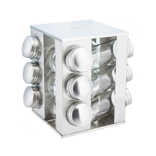 Square krydderikarrusel i rustfrit stål - 12 glas