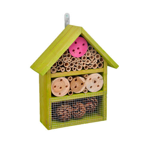 Træ insekthotel 30 x 25 x 10 cm. - Grøn og lyserød